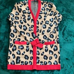 New York & Company Leopard Print Cardigan Tan Black & Red Trim.